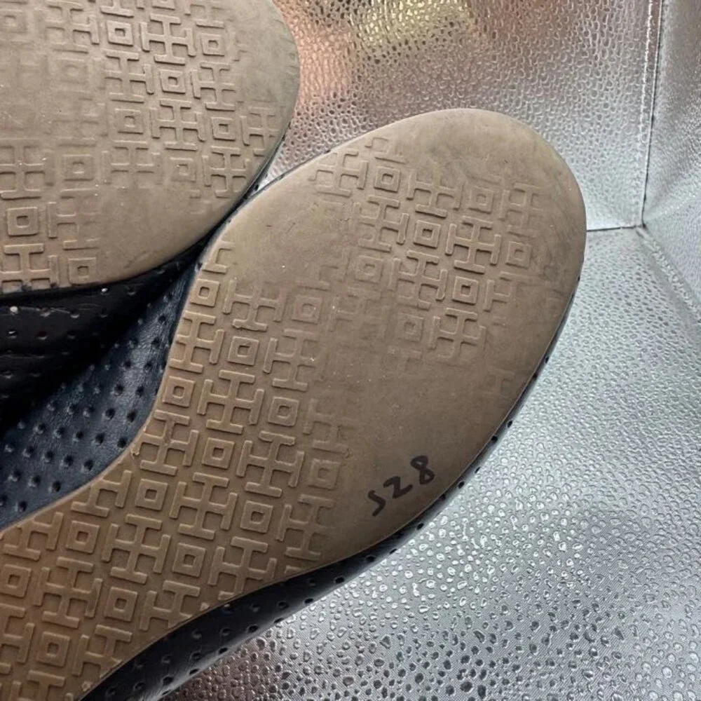 Sz 8 - Tory Burch Reva Perforated Womens Black Goldtone Logo Leather Flats‎